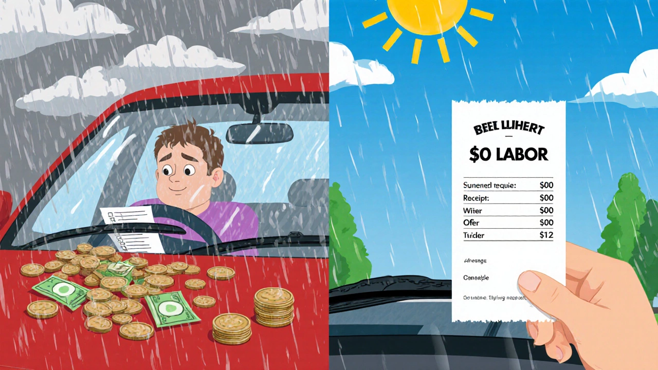 Before‑and‑after illustration of rainy windshield versus clear view after free install.