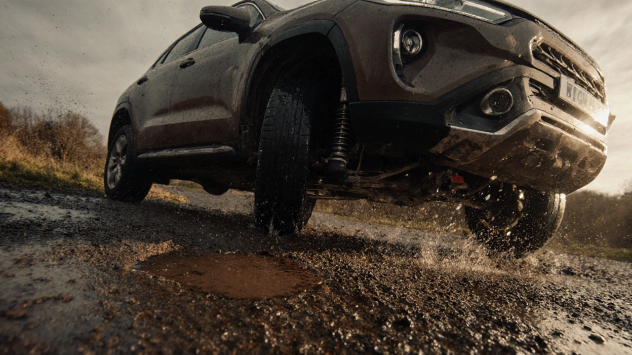 Car driving over potholes and gravel, suspension components visibly stressed under gritty lighting.