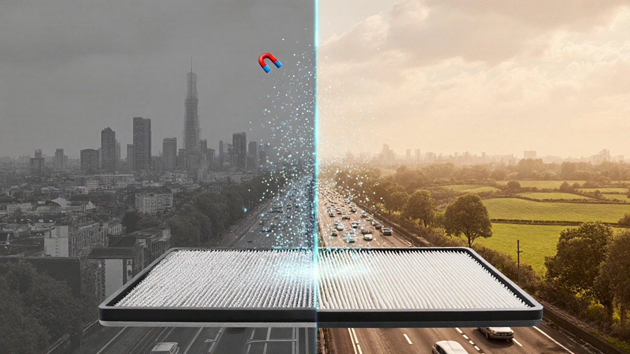 Cross-section of polarized air filter attracting fine particles, city and countryside background