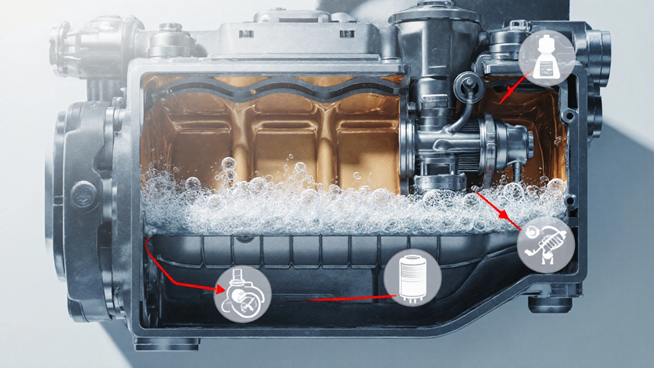 Cutaway engine view showing frothy oil and pressure arrows on pump and seals.