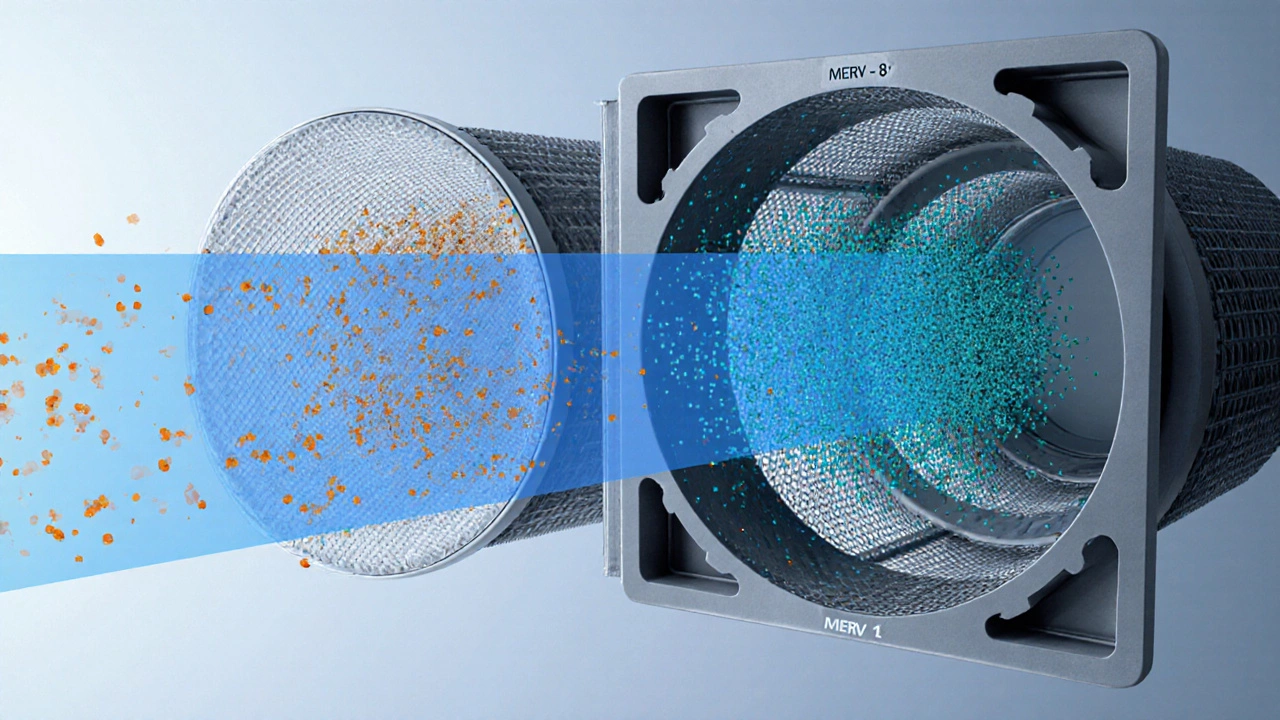 Cutaway HVAC duct shows MERV 8 and MERV 11 filters capturing different sized particles.