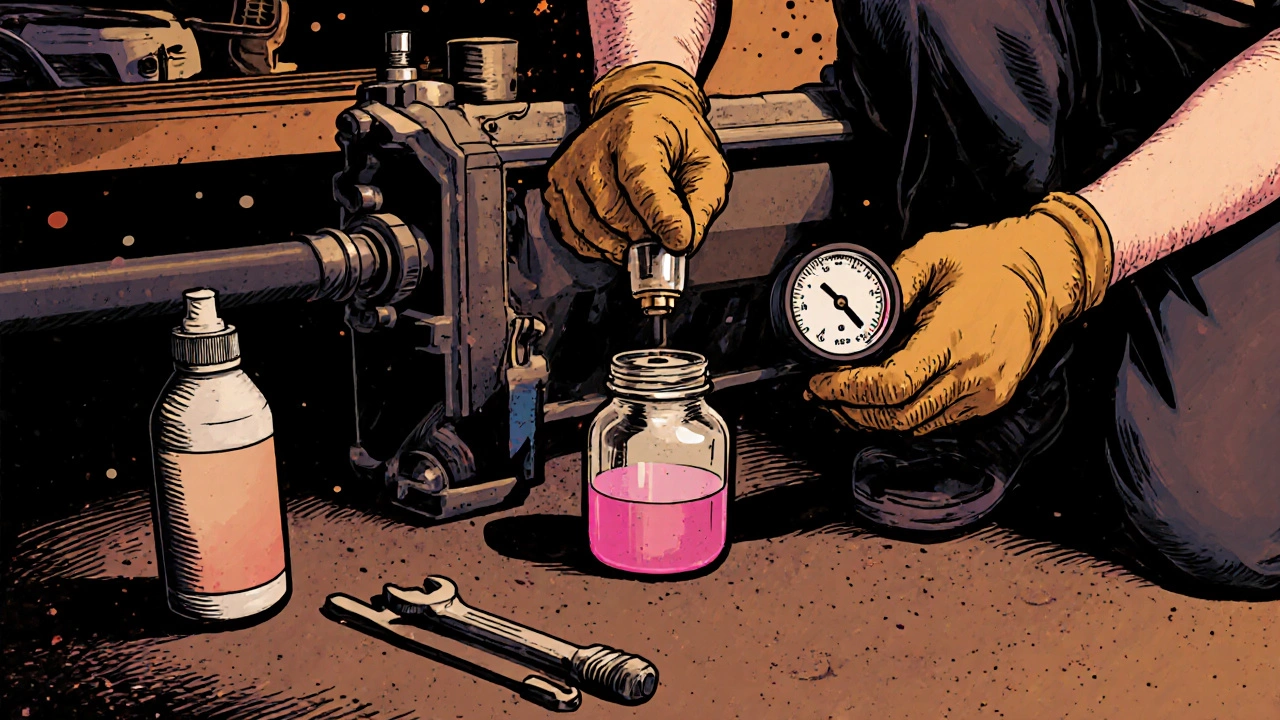 DIY mechanic checking coolant color, pressure and dye in a garage.