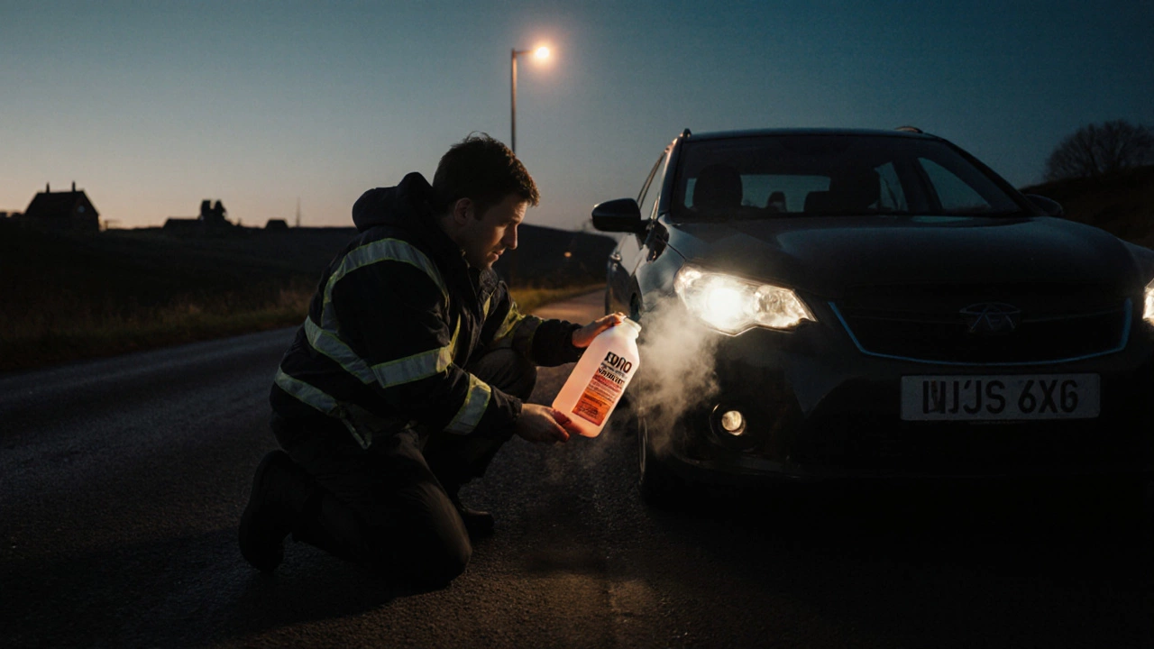 Driver adding coolant to an overheated car at dusk on a UK road.