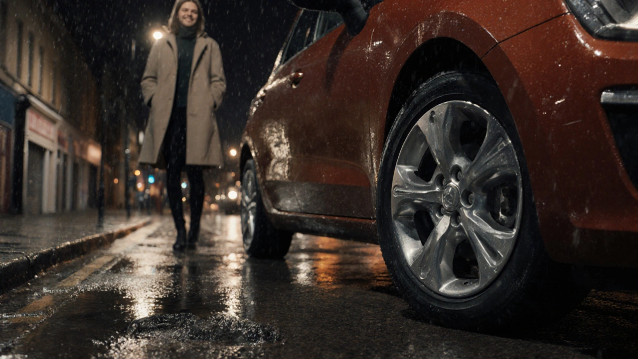 Driver beside her car on a rainy Bristol street, showcasing shiny alloy wheels.