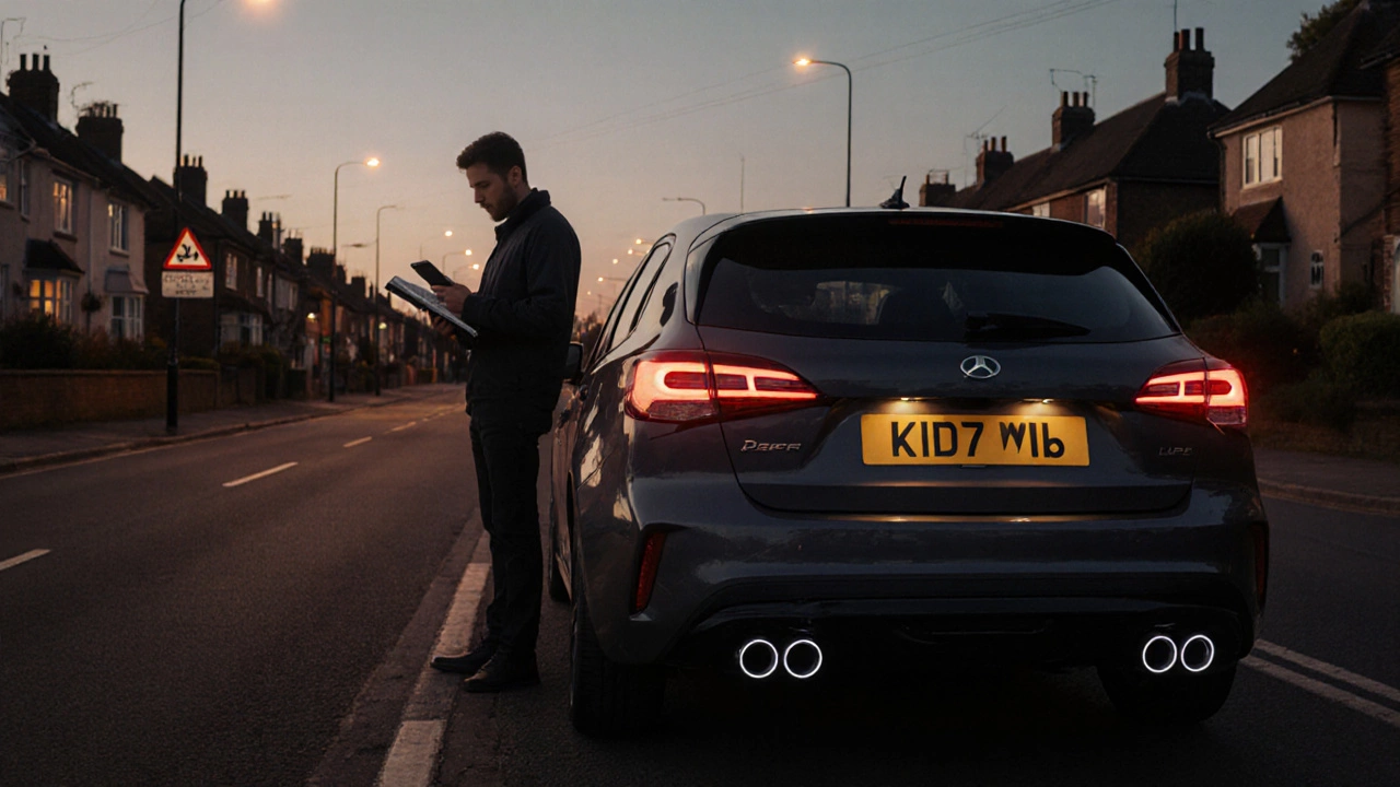 Driver checking fuel log beside a hatchback with a performance muffler on a UK street.