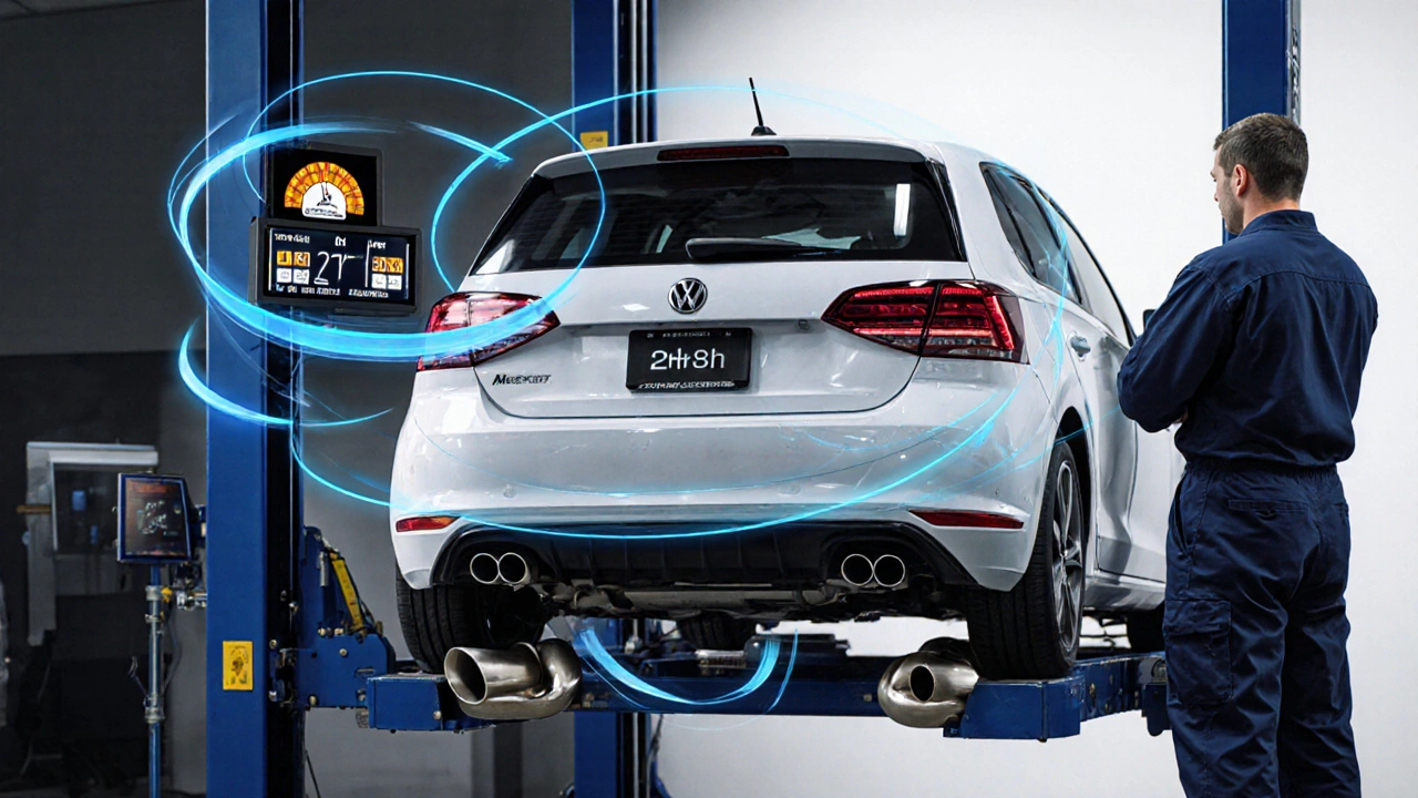 Dyno test setup comparing stock and performance mufflers on a 2.0 L car with MPG readout.