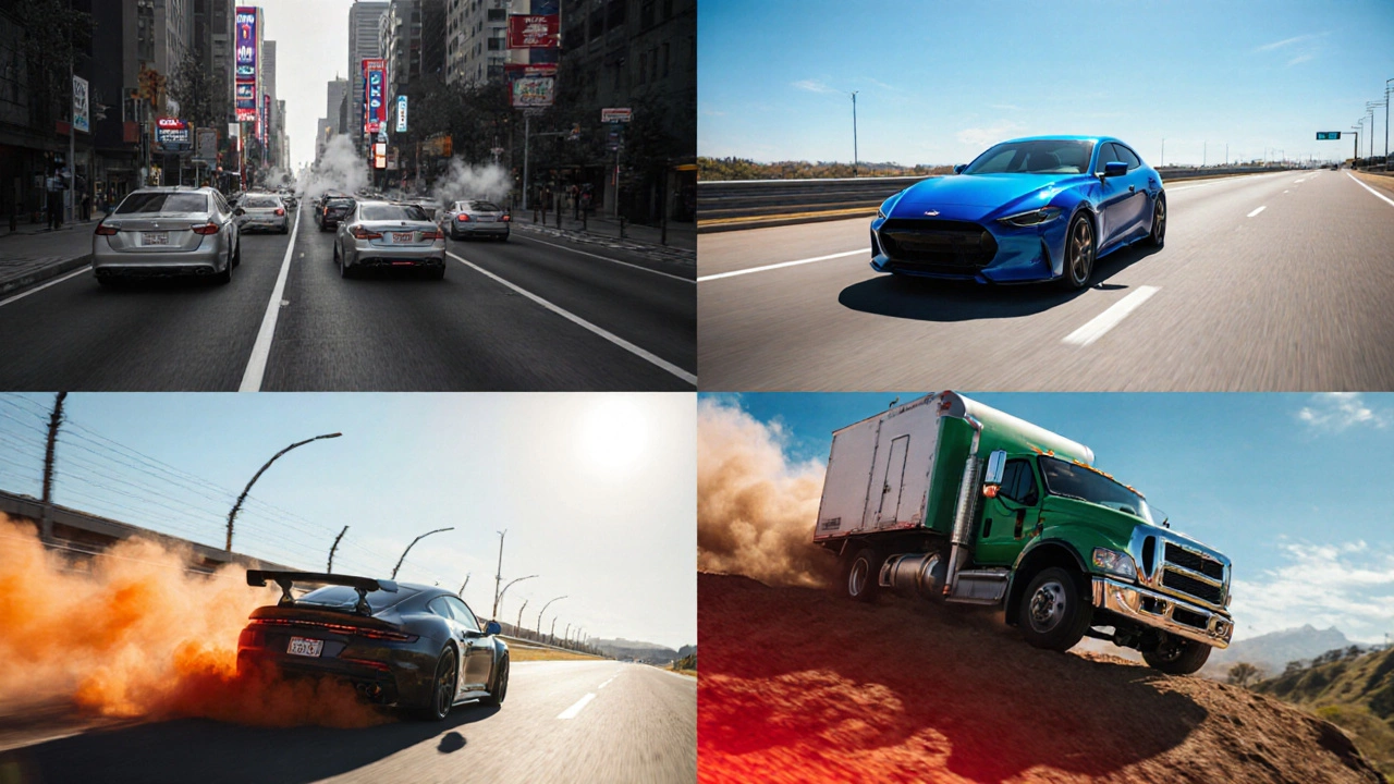 Four scenes showing city traffic, highway cruising, race track, and a heavy‑duty truck.