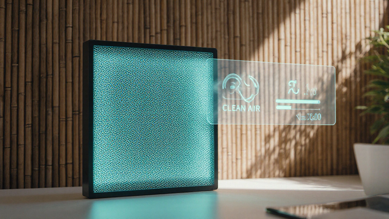 Futuristic smart nanofiber filter glowing with sensor lights in an eco setting.
