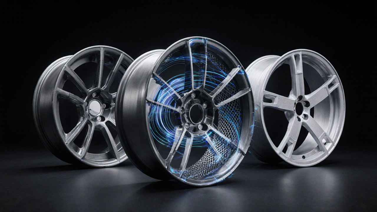 Illustration of three alloy wheel designs with airflow lines showing aerodynamics.