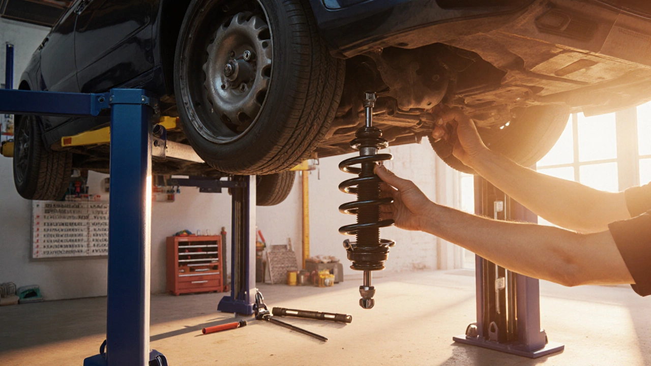 Isometric garage scene of a lifted car with a mechanic replacing a front strut using tools.