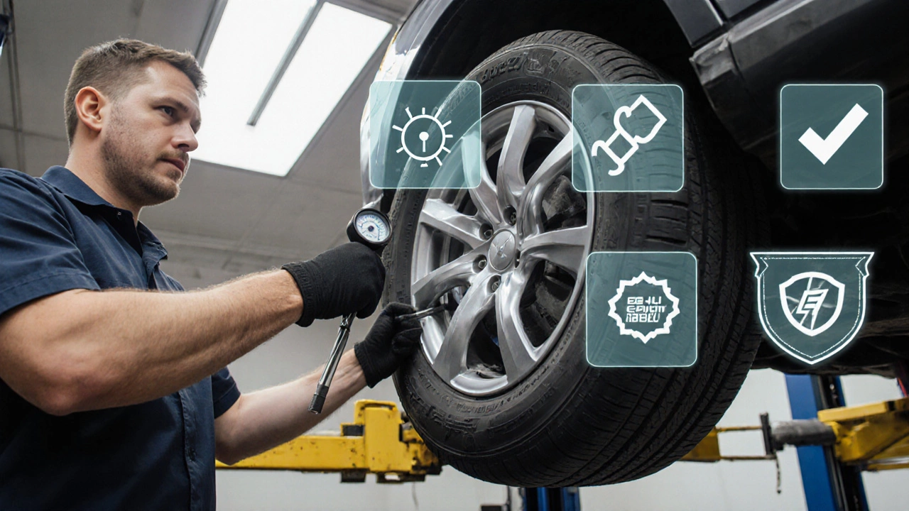 Mechanic checking tyre pressure and torque with floating checklist icons in a workshop.
