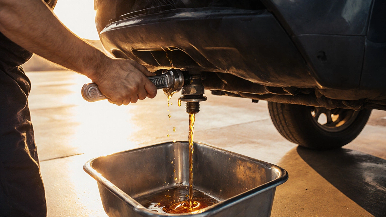 Mechanic draining excess oil from oil pan, checking dipstick after.