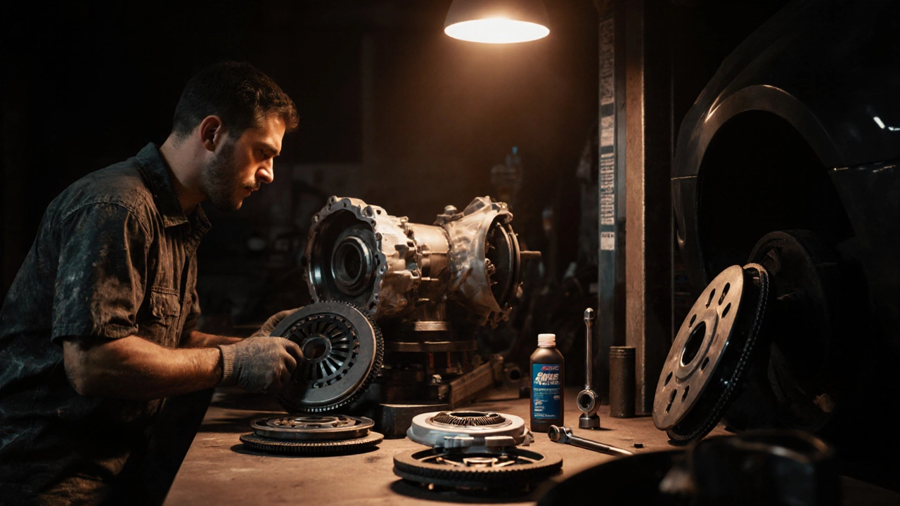 Mechanic in a garage installing a new clutch kit with tools and a transmission jack.