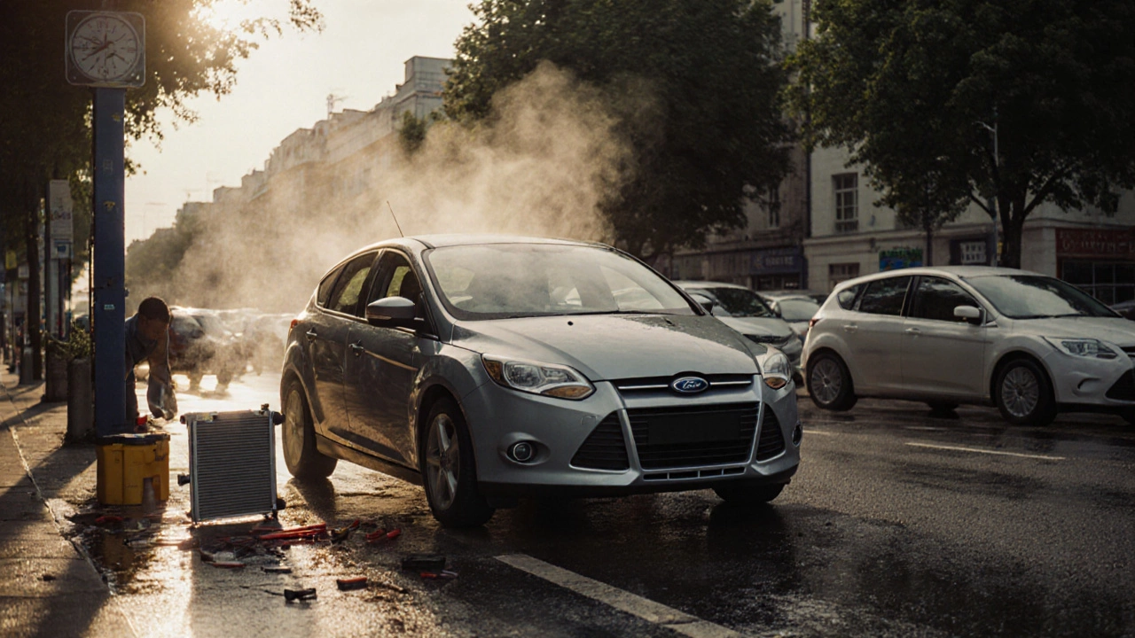 Mechanic installing a new radiator in a Ford Focus during hot summer traffic in a UK city.