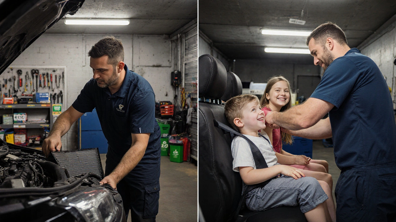 Mechanic installing cabin air filter while family smiles in backseat, cost labels visible