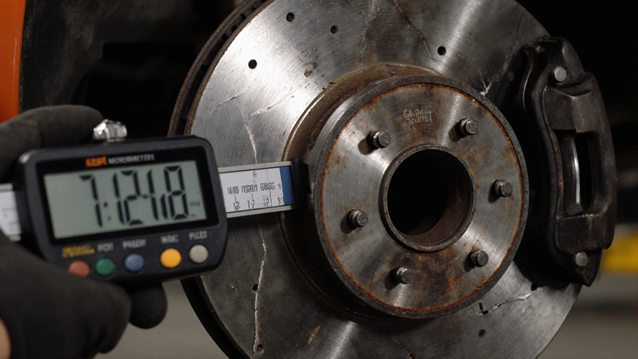 Mechanic measuring rotor thickness while showing cracks and scoring.