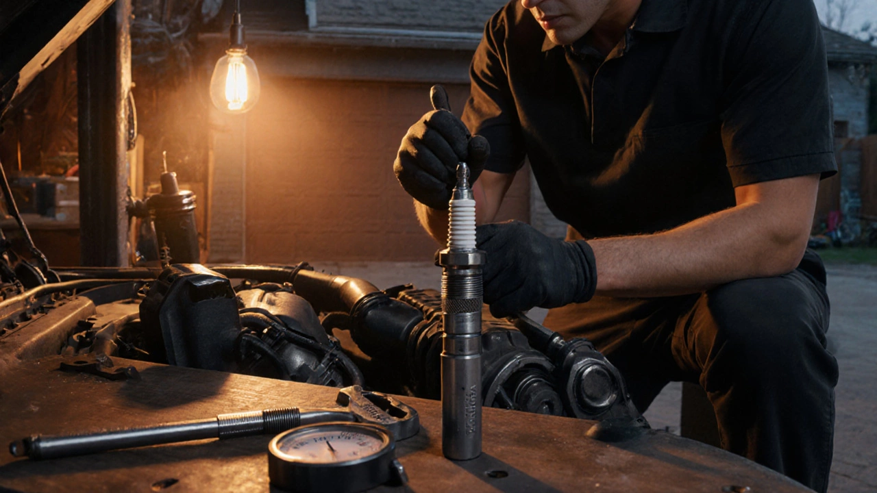 Mechanic replaces a spark plug in a garage using socket, torque wrench, and gap gauge.