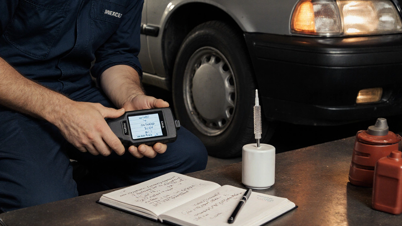 Mechanic resetting oil reminder while checking oil filter and notebook.
