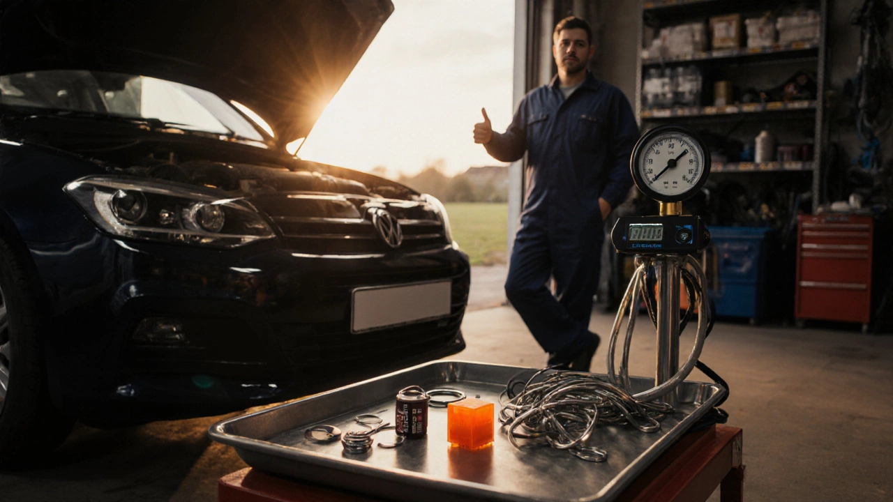 Mechanic standing by repaired car at sunset, showing fuel gauge reading and new parts.