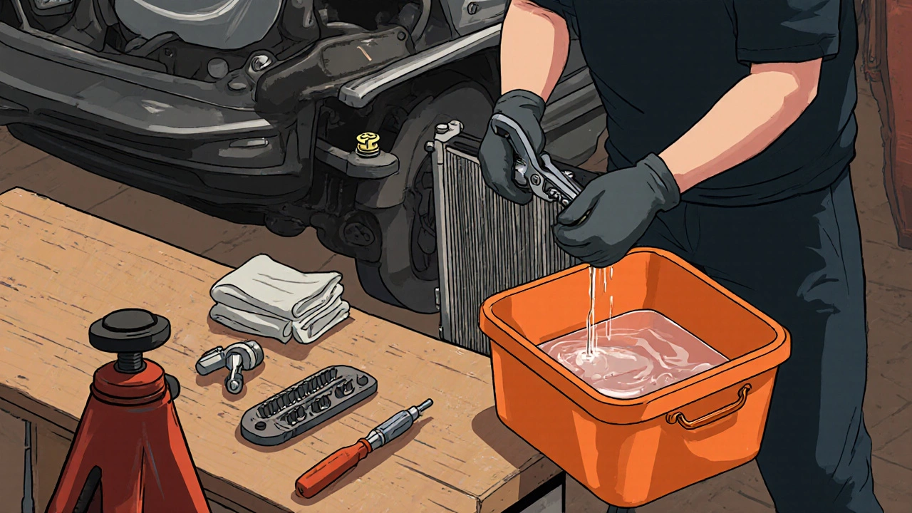 Mechanic using hose‑clamp pliers, coolant draining into a pan while the car is tilted on a jack.