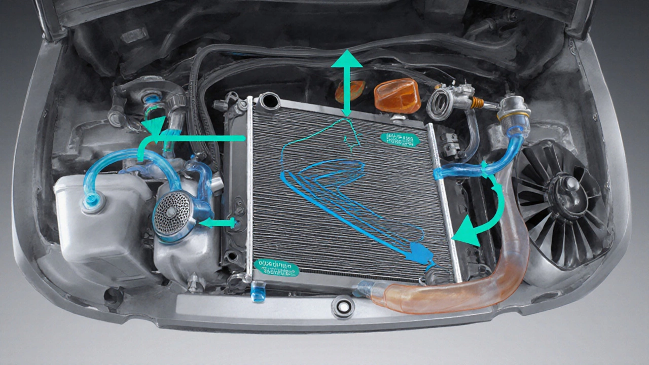 Open hood showing radiator, hoses, thermostat and fan in detailed illustration.