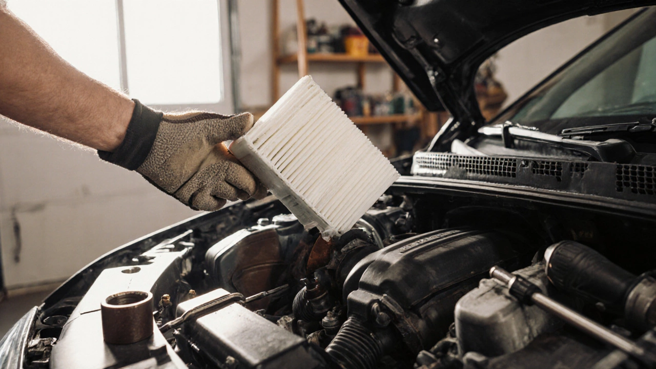 Person replacing a car air filter in a garage, holding a new filter beside the old one and tools.