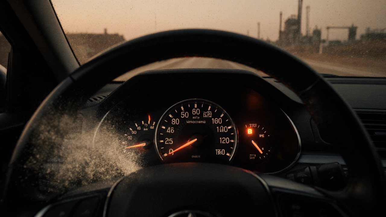 Sedan struggling to accelerate on a dusty road, with check‑engine light on and dust entering a clogged filter.
