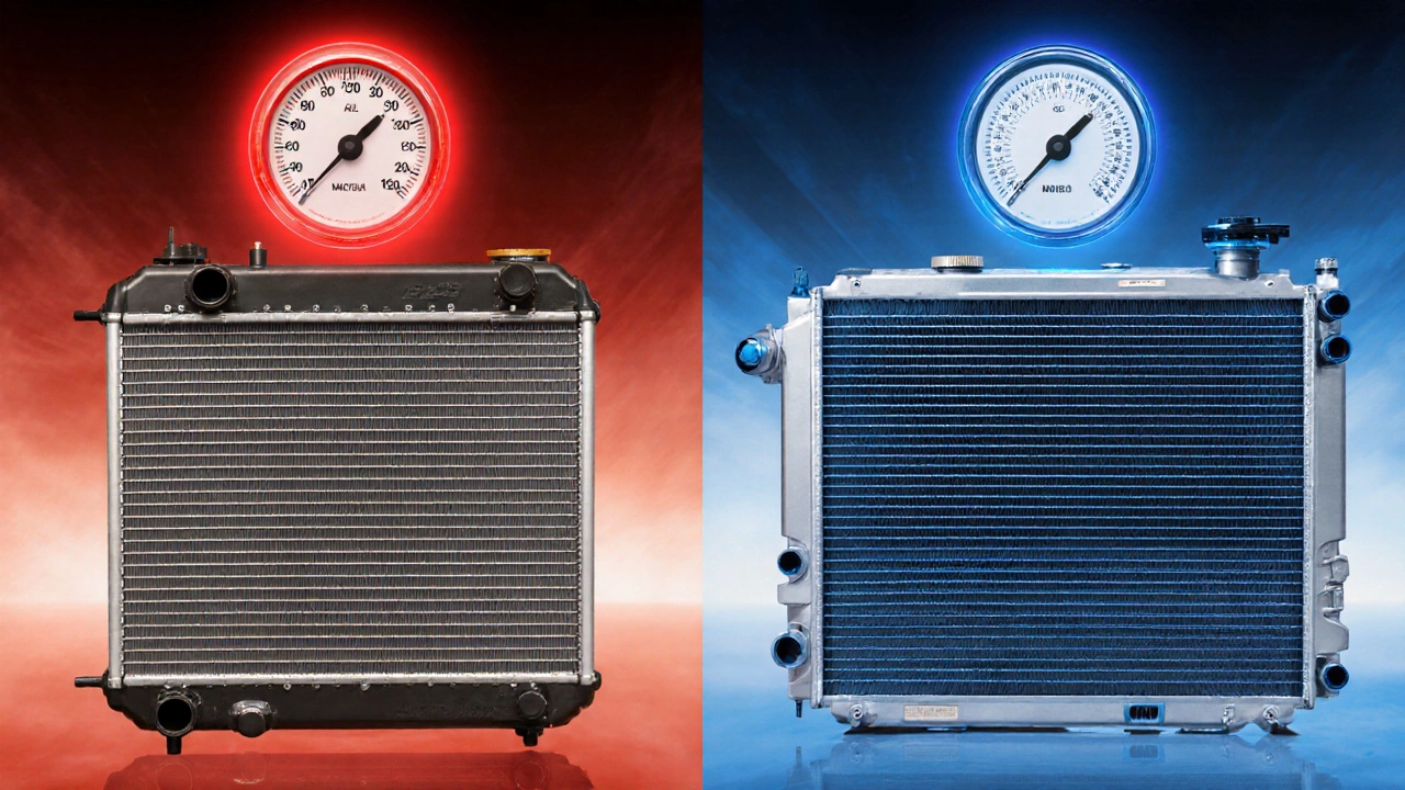 Side-by-side comparison of old stock radiator overheating versus new high-performance radiator cooling efficiently.