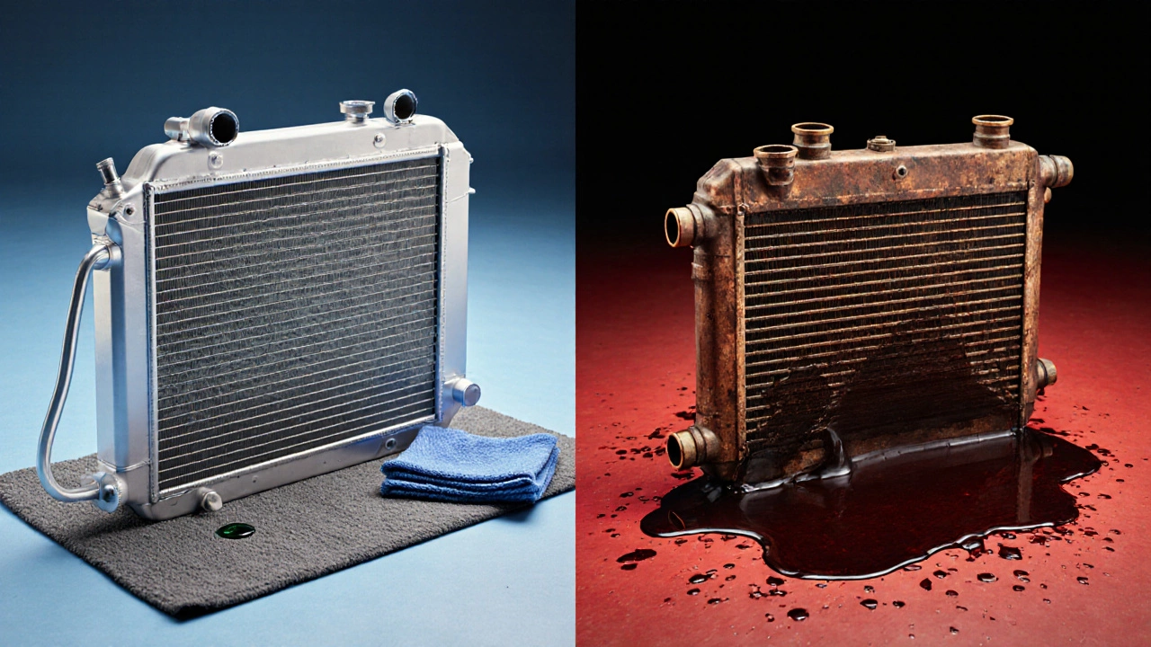 Side‑by‑side illustration of a clean aluminium radiator versus a messy copper radiator with coolant spills.