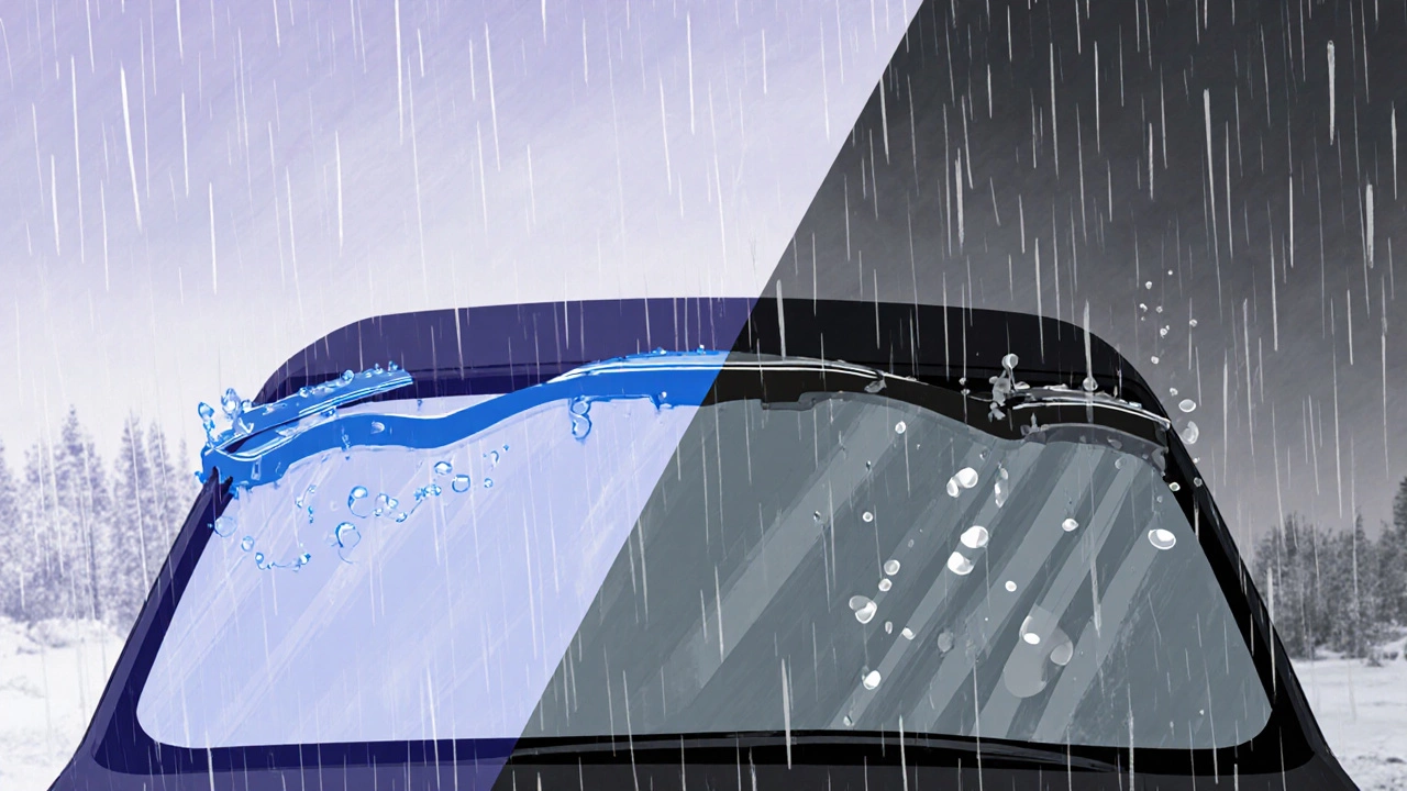 Side‑by‑side view of silicone and rubber blades on a windshield, showing clear wipe versus streaks in rain.