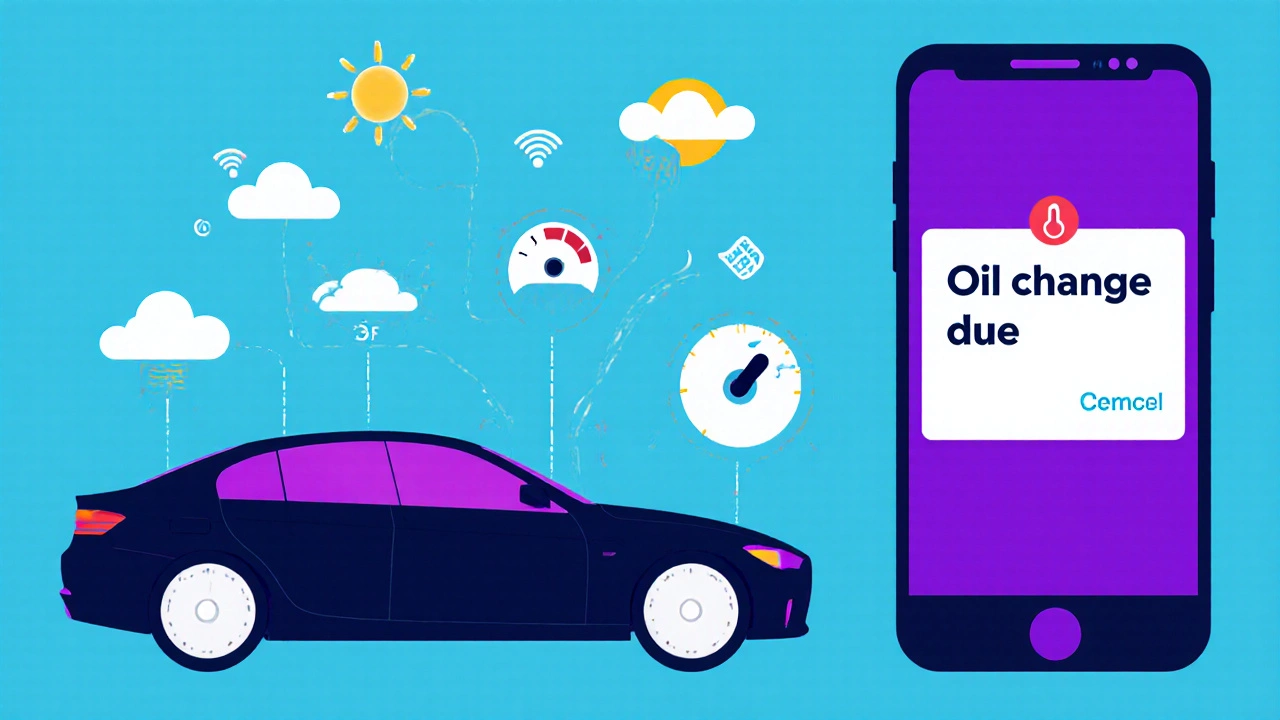 Smartphone notification about oil change linked to car icons.