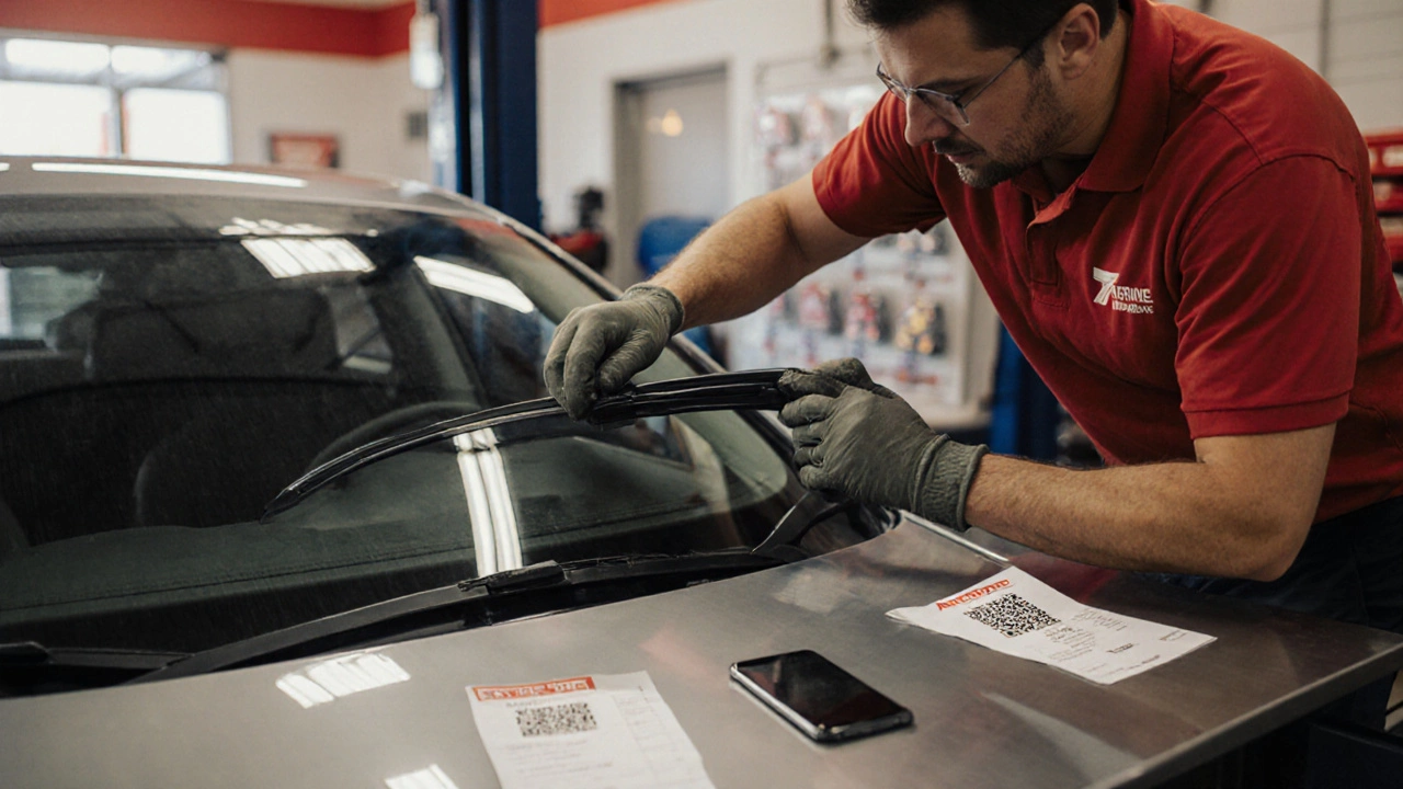 Technician replacing a wiper blade on a car, showing receipt with <h2>Step‑by‑Step: Getting a Free Installation</h2> labor charge.