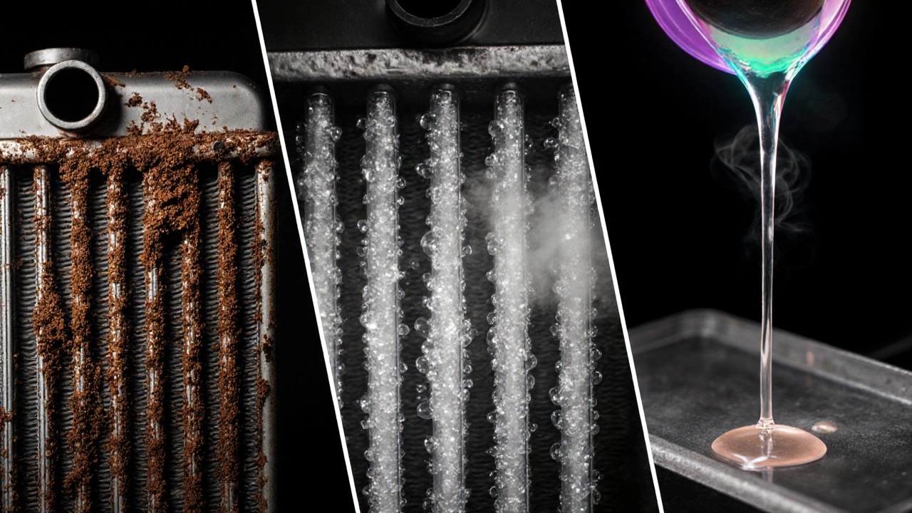 Three close‑up panels: rusted radiator interior, mineral blockage, and coolant leak.