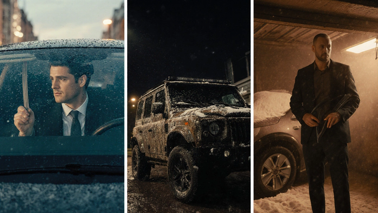 Three drivers in different settings holding wiper blades, illustrating silicone versus rubber choices.