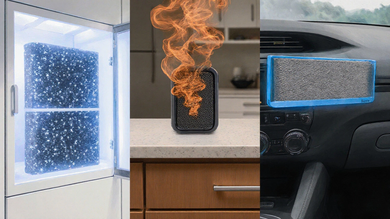 Three side‑by‑side scenes of HEPA, carbon, and cabin filters capturing pollutants.