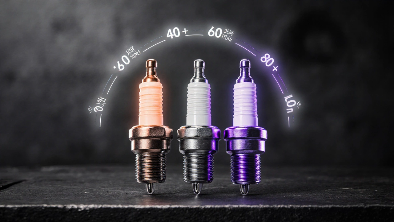 Three spark plugs (copper, platinum, iridium) glow with colored light and mileage arcs.