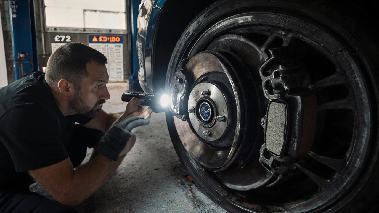 A driver checks brake pad thickness through a car wheel using a flashlight.