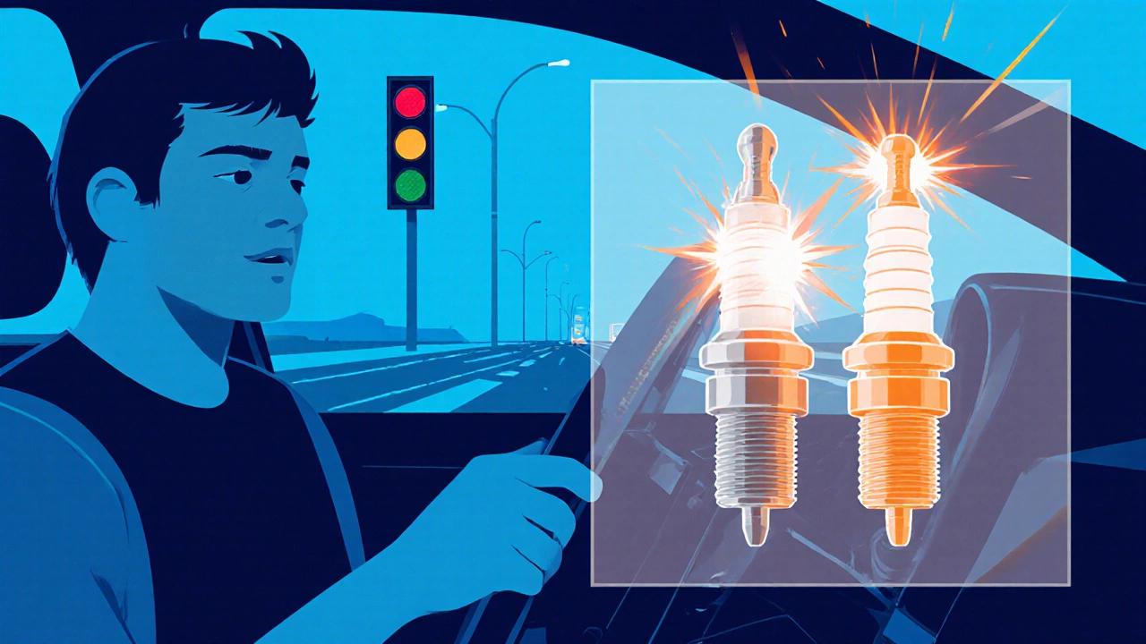 Car sputtering at a light with transparent comparison of weak vs strong spark plugs