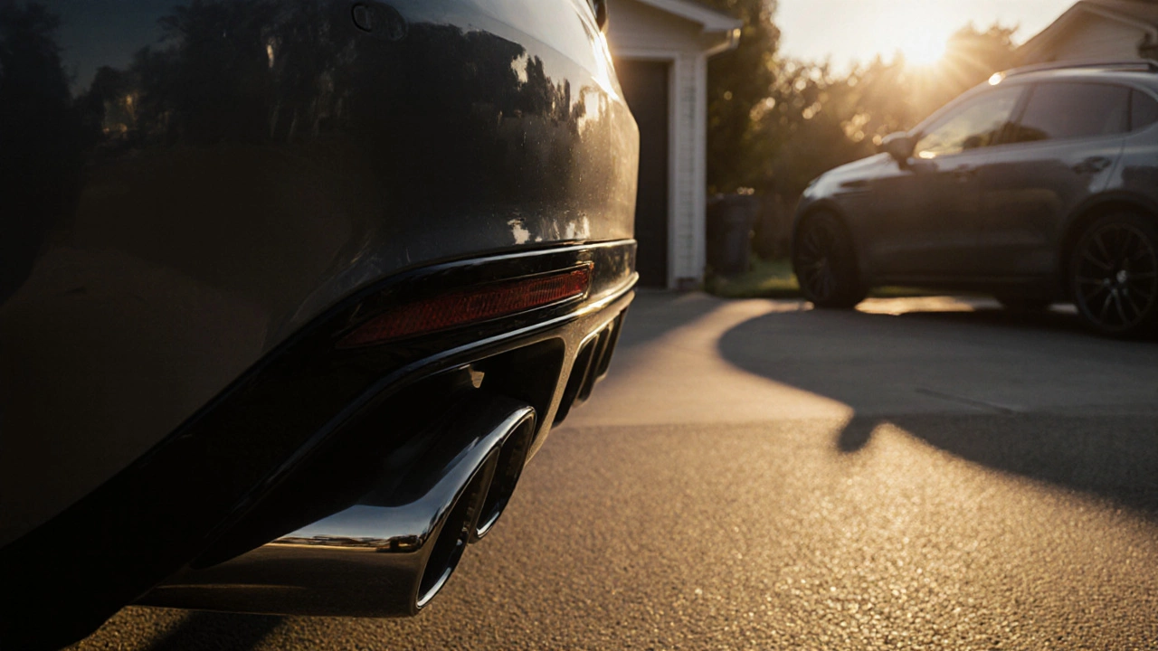 Car with axle-back exhaust quietly idling in a suburban driveway at dawn.