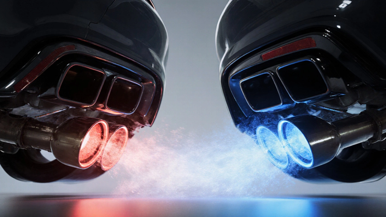 Comparison of restricted vs. free-flowing exhaust systems with visualized gas movement and lighting contrast.