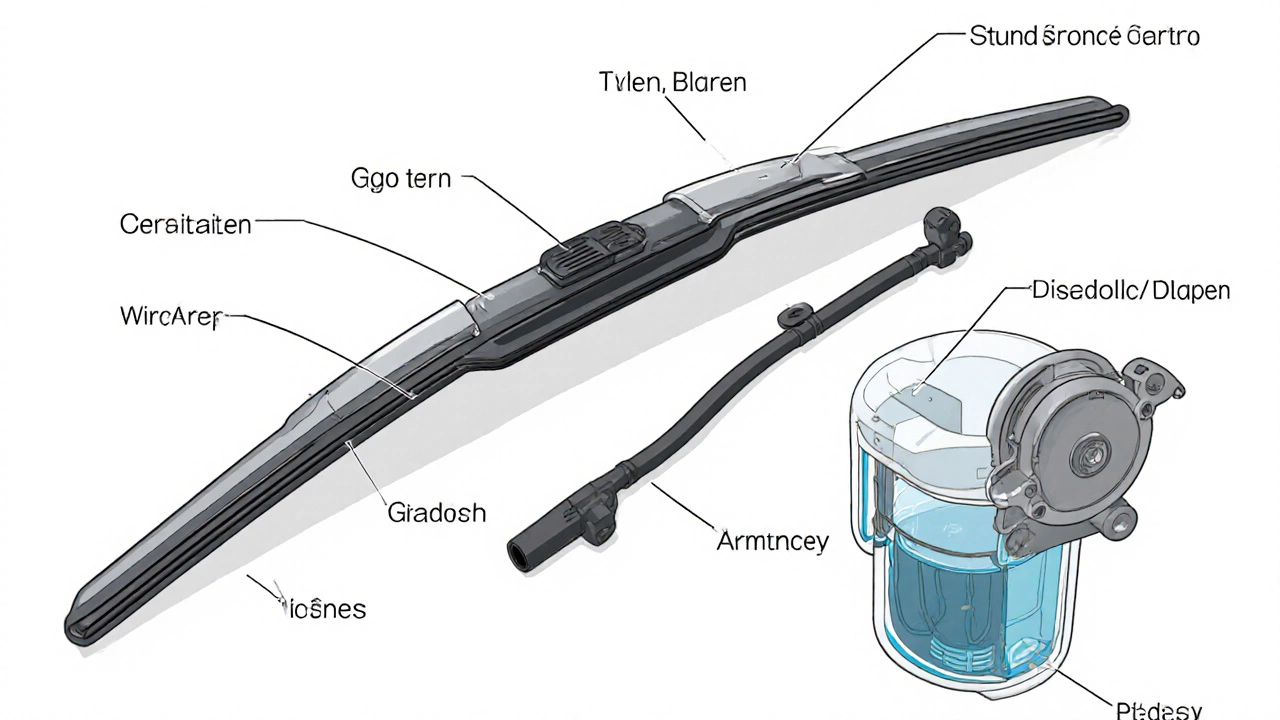 Diagram of car windscreen wiper system components with labels