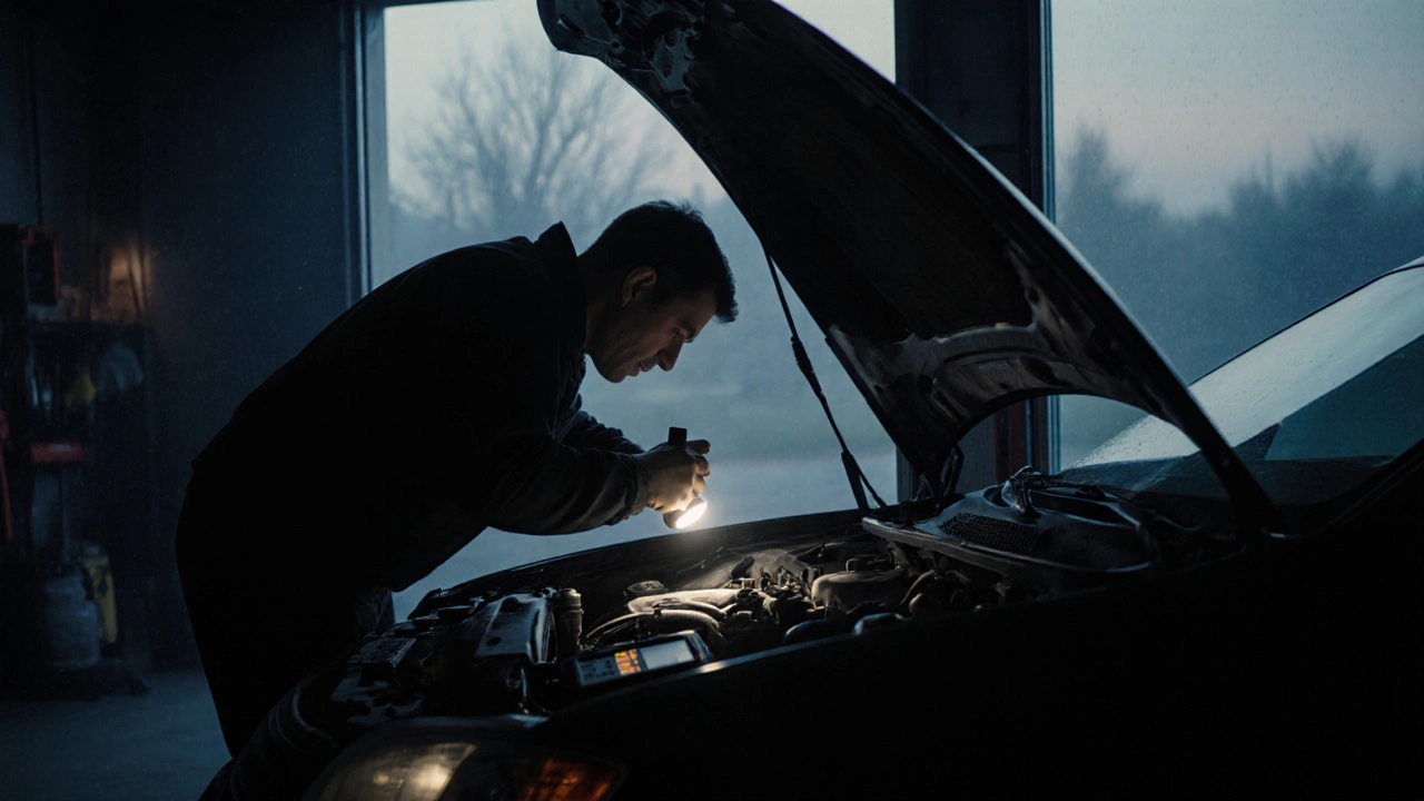 Driver inspecting spark plugs in a garage at dawn with flashlight, car hood open, tools nearby.