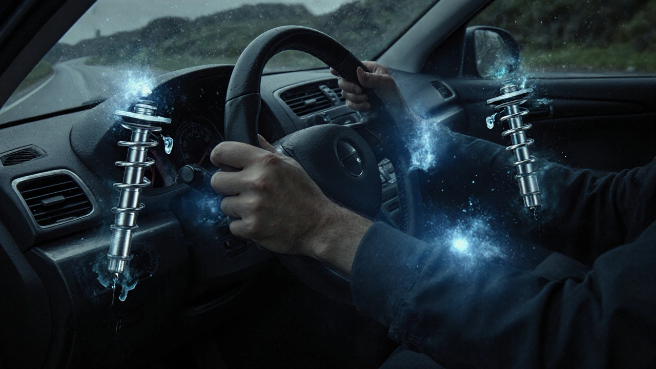 Driver steering a wobbling car as it leans dangerously during a turn.