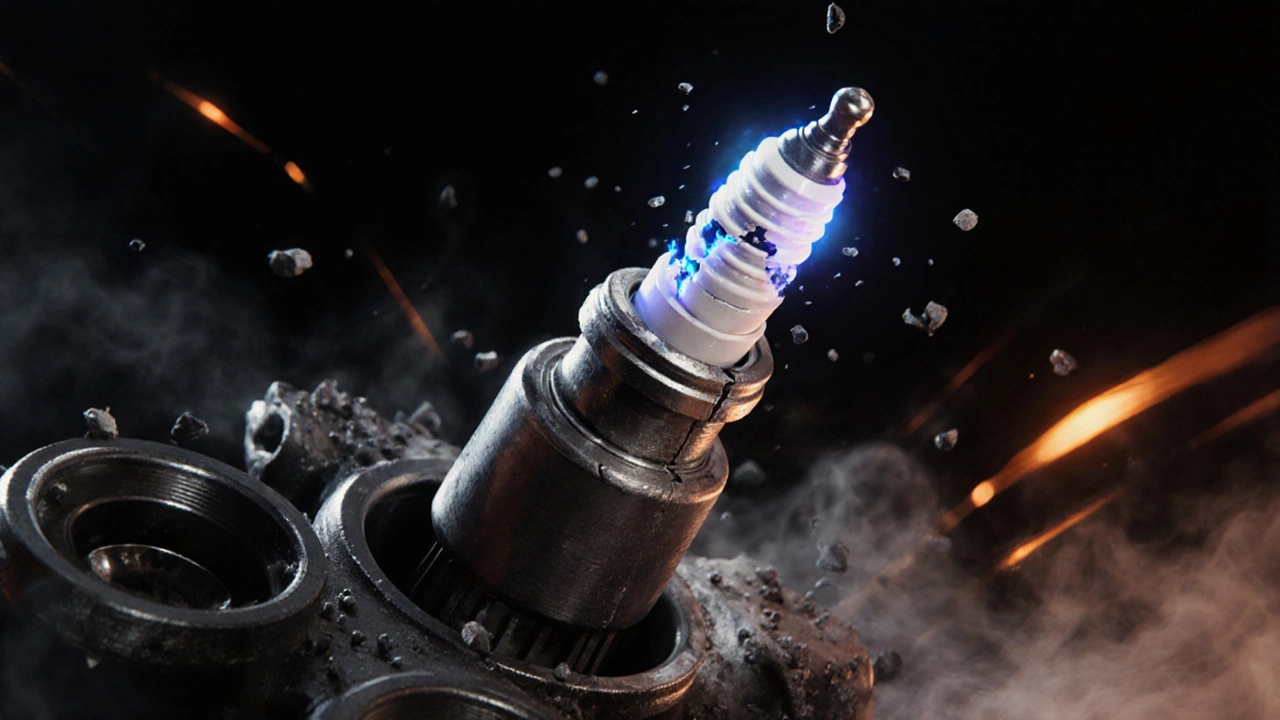 Engine cylinder showing electrical arc leaking from cracked spark plug, unburned fuel particles, glowing ignition trails.