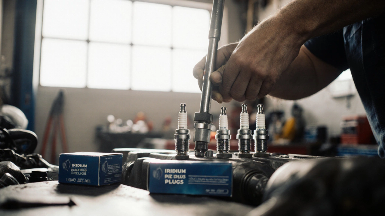 Mechanic installing new spark plugs using a torque wrench in a well-lit garage