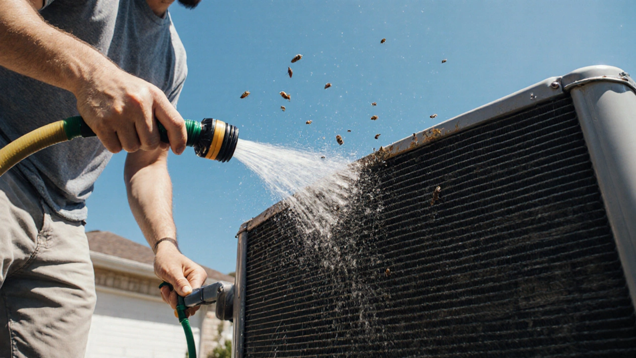 Person cleaning car condenser with garden hose, removing dirt and debris from front of engine bay.