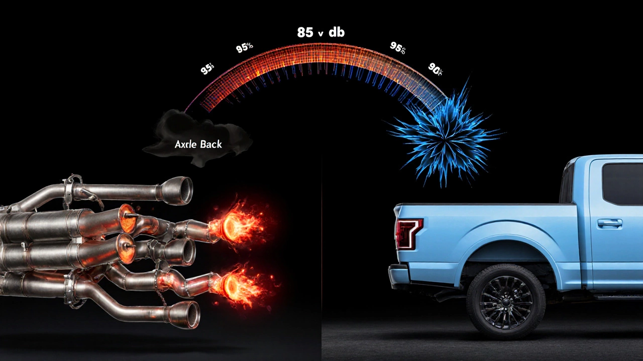 Split image comparing catback and axle-back exhaust systems with decibel levels and heat signatures.