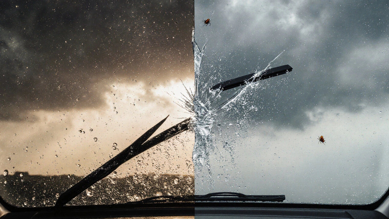 Split-screen showing clean vs. dirty windscreen with a broken wiper blade in between.