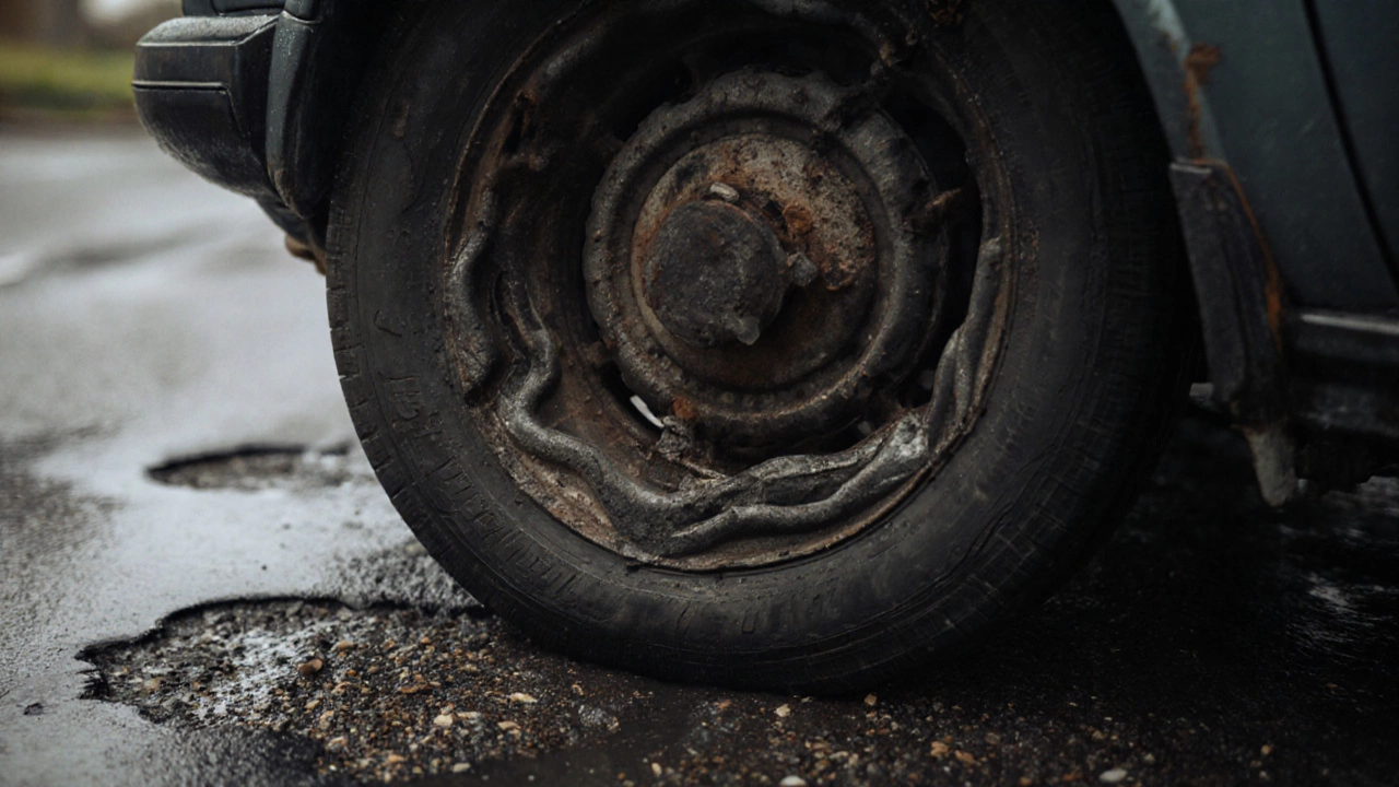 Tire with cupped wear pattern on a wet, pothole-filled road.