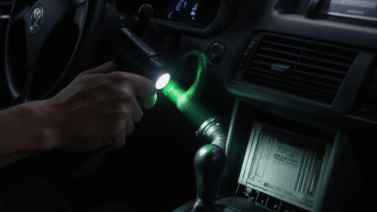 UV flashlight revealing green refrigerant leak stain on AC hose under car hood.